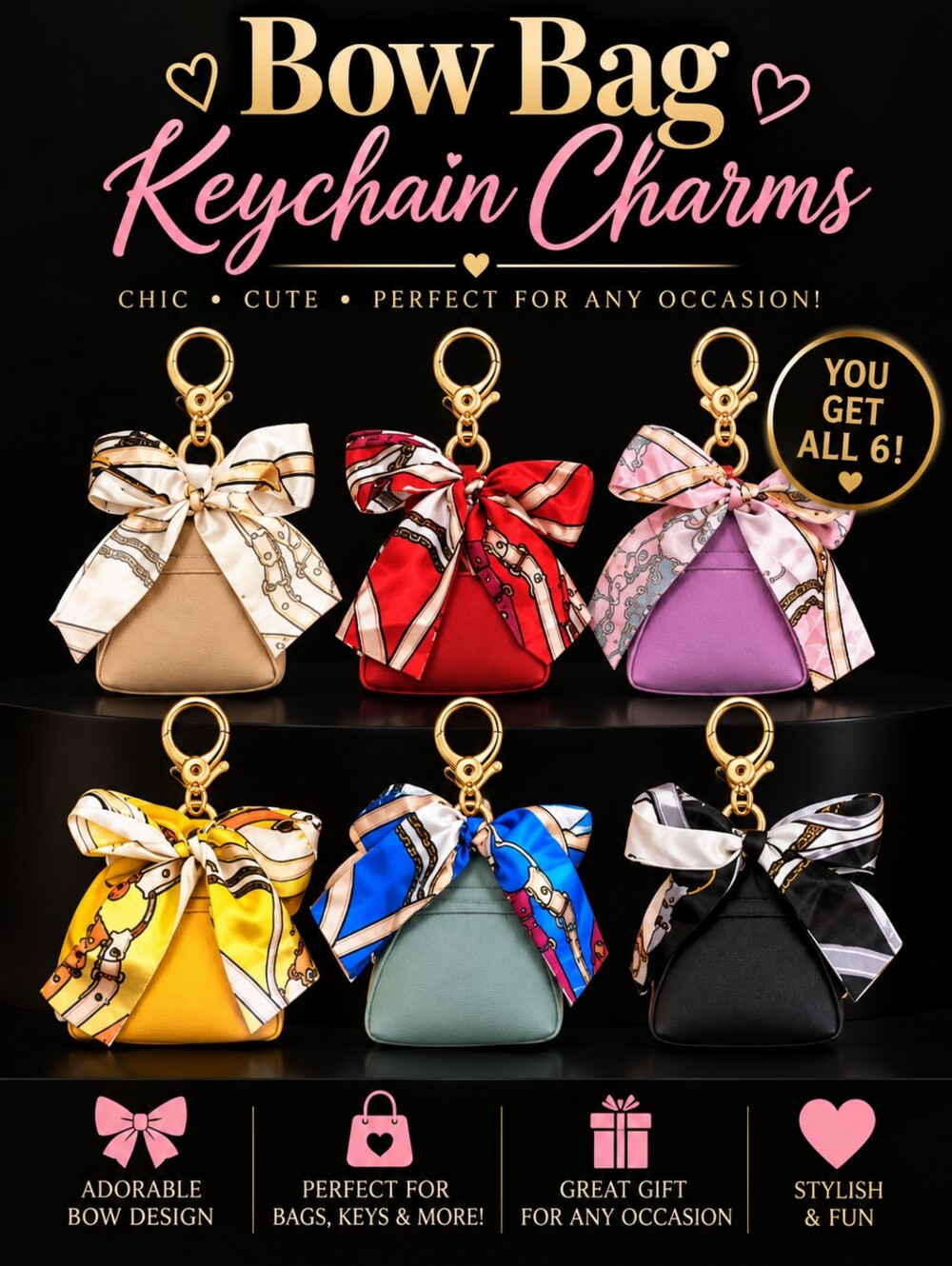 Set Of 6 Bow Pouch Bag Keychain Bag Charms
